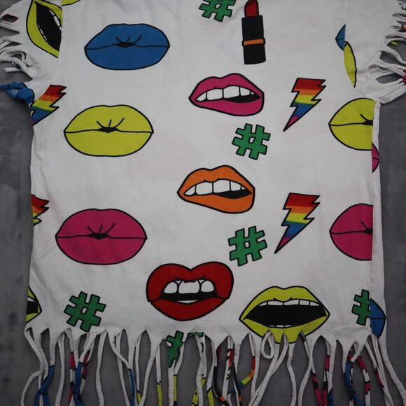 On Fire Shirt Womens L Multicolor Short Sleeve Crew Neck Fringe Hem Tee - Picture 12 of 14